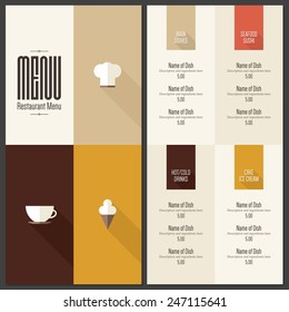 Restaurant menu design. Vector menu brochure template for cafe, coffee house, restaurant, bar. Food and drinks logotype symbol design. With chef hat, fork and spoon. Flat design