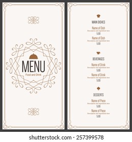 Restaurant Menu Design. Vector Menu Brochure Template For Cafe, Coffee House, Restaurant, Bar. Food And Drinks Logotype Symbol Design