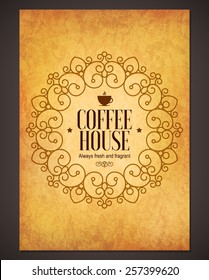 Diseño de la carta del restaurante. Plantilla de folleto de vectores para café, café, té, restaurante, bar. Logotipo de comida y bebida. Símbolos del café. Diseño de la taza de café sobre fondo de papel crudo vintage