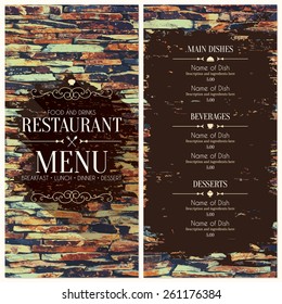 Restaurant menu design. Vector menu brochure template for cafe, coffee house, restaurant, bar. Food and drinks logotype symbol design. Stones vintage background