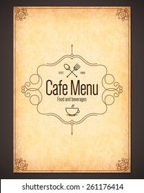 Restaurant menu design. Vector menu brochure template for cafe, coffee house, restaurant, bar. Food and drinks logotype symbol design. With coffee cup, fork and spoon