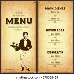 Restaurant menu design. Vector menu brochure template for cafe, coffee house, restaurant, bar. Food and drinks logotype symbol design. With silhouette of a waiter