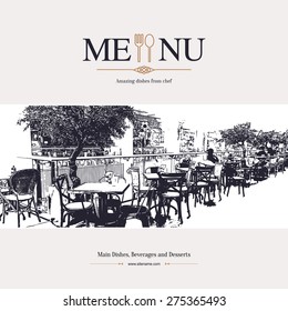 Restaurant menu design. Vector brochure template for cafe, coffee house, restaurant, bar. Food and drinks logotype symbol design. With a sketch pictures