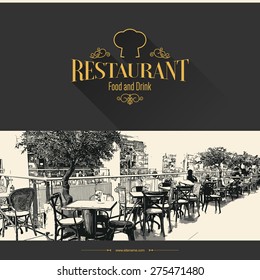 Restaurant menu design. Vector brochure template for cafe, coffee house, restaurant, bar. Food and drinks logotype symbol design. With a sketch pictures