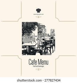 Restaurant menu design. Vector brochure template for cafe, coffee house, restaurant, bar. Food and drinks logotype symbol design. With a sketch pictures