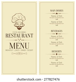 Restaurant menu design. Vector brochure template for cafe, coffee house, restaurant, bar. Food and drinks logotype symbol design. With funny chef on vintage background