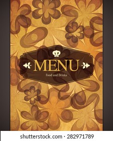 Restaurant menu design. Vector brochure template for cafe, coffee house, restaurant, bar. Food and drinks logotype symbol design. Vintage crumpled paper background