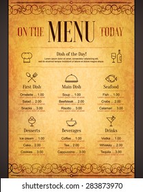 Restaurant menu design. Vector brochure template for cafe, coffee house, restaurant, bar. Food and drinks logotype symbol design. Vintage crumpled paper background