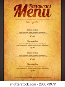 Restaurant menu design. Vector brochure template for cafe, coffee house, restaurant, bar. Food and drinks logotype symbol design. Vintage crumpled paper background