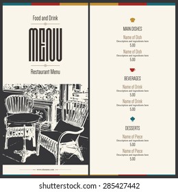 Restaurant menu design. Vector brochure template for cafe, coffee house, restaurant, bar. Food and drinks logotype symbol design. With a sketch pictures