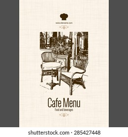 Restaurant menu design. Vector brochure template for cafe, coffee house, restaurant, bar. Food and drinks logotype symbol design. With a sketch pictures