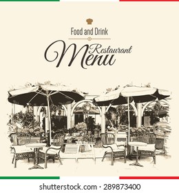 Restaurant menu design. Vector brochure template for cafe, coffee house, restaurant, bar. Food and drinks logotype symbol design. With a sketch pictures