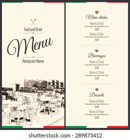 Speisekarte-Design des Restaurants. Vektorbroschüre für Café, Kaffeehaus, Restaurant, Bar. Logo Design für Lebensmittel und Getränke. Mit Skizzenbildern