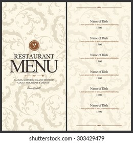 Restaurant menu design. Vector brochure template for cafe, coffee house, restaurant, bar. Food and drinks logotype symbol design. Vintage background