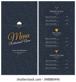 Restaurant menu design. Vector brochure template for cafe, coffee house, restaurant, bar. Food and drinks logotype symbol design. Vintage background