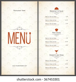 Restaurant menu design. Vector brochure template for cafe, coffee house, restaurant, bar. Food and drinks logotype symbol design. Vintage background