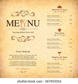 Restaurant menu design. Vector brochure template for cafe, coffee house, restaurant, bar. Food and drinks logotype symbol design. Vintage background