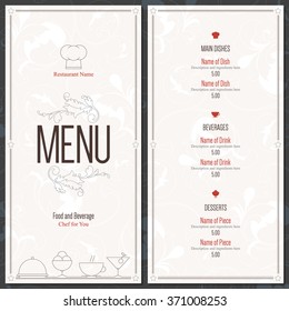 Restaurant menu design. Vector brochure template for cafe, coffee house, restaurant, bar. Food and drinks logotype symbol design. Vintage background