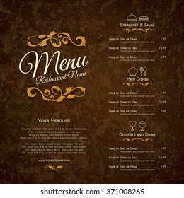 Restaurant menu design. Vector brochure template for cafe, coffee house, restaurant, bar. Food and drinks logotype symbol design. Vintage background