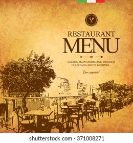 Restaurant menu design. Vector brochure template for cafe, coffee house, restaurant, bar. Food and drinks logotype symbol design. With a sketch pictures