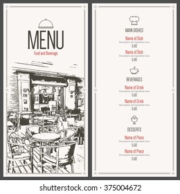 Restaurant Menu Design. Vector Brochure Template For Cafe, Coffee House, Restaurant, Bar. Food And Drinks Logotype Symbol Design. With A Sketch Pictures