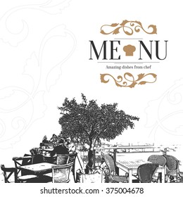 Restaurant menu design. Vector brochure template for cafe, coffee house, restaurant, bar. Food and drinks logotype symbol design. With a sketch pictures