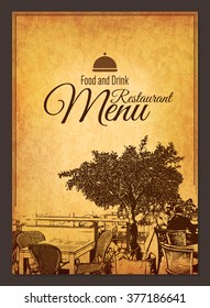 Restaurant menu design. Vector brochure template for cafe, coffee house, restaurant, bar. Food and drinks logotype symbol design. With a sketch pictures