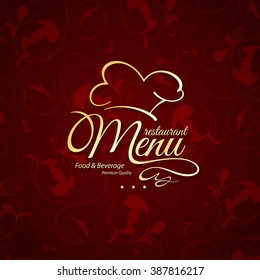 Diseño de la carta del restaurante. Plantilla de folleto de vectores para café, cafetería, restaurante, bar. Diseño de símbolos de logotipo de comida y bebida. Con sombrero de chef, tenedor y cuchara
