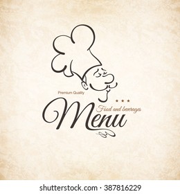 Restaurant menu design. Vector brochure template for cafe, coffee house, restaurant, bar. Food and drinks logotype symbol design. With funny chef on vintage background