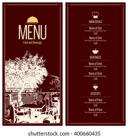 Restaurant menu design. Vector brochure template for cafe, coffee house, restaurant, bar. Food and drinks logotype symbol design. With a sketch pictures