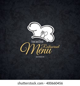 Restaurant menu design. Vector brochure template for cafe, coffee house, restaurant, bar. Food and drinks logotype symbol design. With chef hat, fork and spoon