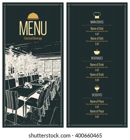 Restaurant menu design. Vector brochure template for cafe, coffee house, restaurant, bar. Food and drinks logotype symbol design. With a sketch pictures