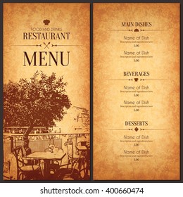 Restaurant menu design. Vector brochure template for cafe, coffee house, restaurant, bar. Food and drinks logotype symbol design. With a sketch pictures