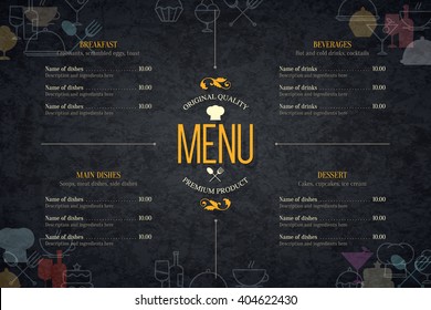 Restaurant menu design. Vector menu brochure template for cafe, coffee house, restaurant, bar. Food and drinks logotype symbol design. With a sketch pictures and crumpled vintage background