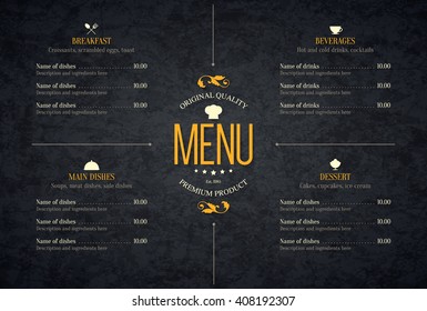 Restaurant menu design. Vector menu brochure template for cafe, coffee house, restaurant, bar. Food and drinks logotype symbol design. With chef hat, fork and spoon