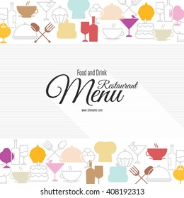 Restaurant menu design. Vector menu brochure template for cafe, coffee house, restaurant, bar. Food and drinks logotype symbol design. With chef hat, fork and spoon