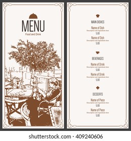 Restaurant menu design. Vector menu brochure template for cafe, coffee house, restaurant, bar. Food and drinks logotype symbol design. With a sketch pictures and crumpled vintage background