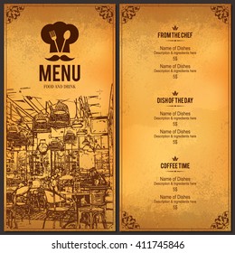 Restaurant menu design. Vector menu brochure template for cafe, coffee house, restaurant, bar. Food and drinks logotype symbol design. With a sketch pictures and crumpled vintage background