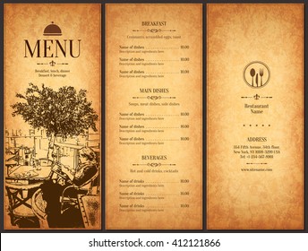 Restaurant menu design. Vector menu brochure template for cafe, coffee house, restaurant, bar. Food and drinks logotype symbol design. With a sketch pictures and crumpled vintage background