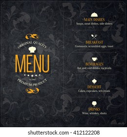 Restaurant menu design. Vector menu brochure template for cafe, coffee house, restaurant, bar. Food and drinks logotype symbol design. With a crumpled vintage background