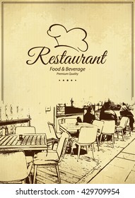 Speisekarte-Design des Restaurants. Vektor Menü Broschüre Vorlage für Café, Kaffeehaus, Restaurant, Bar. Logo Design für Lebensmittel und Getränke. Mit Skizzabildern und zerbrochenem Vintage-Hintergrund