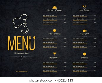 Restaurant menu design. Vector menu brochure template for cafe, coffee house, restaurant, bar. Food and drinks logotype symbol design. Crumpled vintage paper background