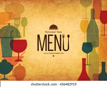 Restaurant menu design. Vector menu brochure template for cafe, coffee house, restaurant, bar. Food and drinks logotype symbol design. Crumpled vintage paper background