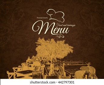 Restaurant menu design. Vector menu brochure template for cafe, coffee house, restaurant, bar. Food and drinks logotype symbol design. With a sketch pictures and crumpled vintage background