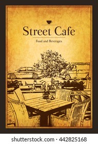 Restaurant menu design. Vector menu brochure template for cafe, coffee house, restaurant, bar. Food and drinks logotype symbol design. With a sketch pictures and crumpled vintage background