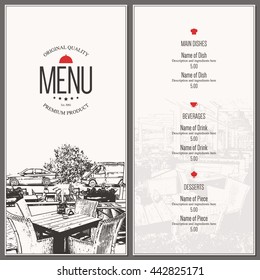 Restaurant menu design. Vector menu brochure template for cafe, coffee house, restaurant, bar. Food and drinks logotype symbol design. With a sketch pictures and crumpled vintage background