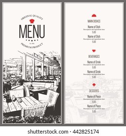 Restaurant menu design. Vector menu brochure template for cafe, coffee house, restaurant, bar. Food and drinks logotype symbol design. With a sketch pictures and crumpled vintage background