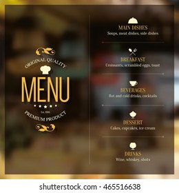 Restaurant menu design. Vector menu brochure template for cafe, coffee house, restaurant, bar. Food and drinks logotype symbol design. With a blurred pictures