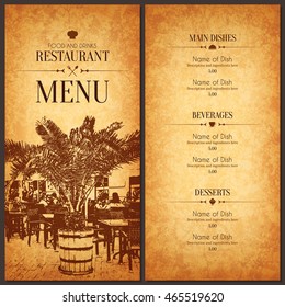 Restaurant menu design. Vector menu brochure template for cafe, coffee house, restaurant, bar. Food and drinks logotype symbol design. With a sketch pictures and crumpled vintage background