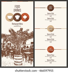 Restaurant menu design. Vector brochure template for cafe, coffee house, restaurant, bar. Food and drinks logotype symbol design. With a sketch pictures